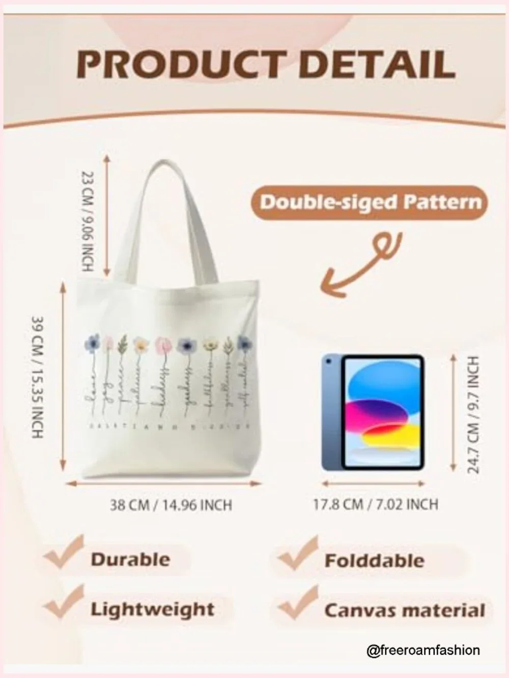 Canvas Tote Bag with Inner Pocket, Reusable Grocery Shopping Bag